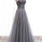 Beautiful Grey Beaded Tulle Prom Dresses, Straps Party Dress  gh194