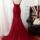 Bezauberndes Meerjungfrau-Spitzen-Burgunder-Abschlussballkleid, langes Tüll-Abendkleid gh431