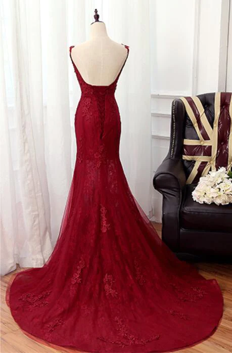 Bezauberndes Meerjungfrau-Spitzen-Burgunder-Abschlussballkleid, langes Tüll-Abendkleid gh431
