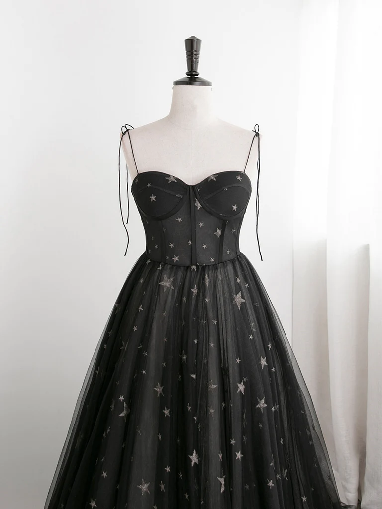 Black Sweetheart Tulle Straps Long Evening Dress, Black Formal Dress Party Dresses   Prom dress gh11