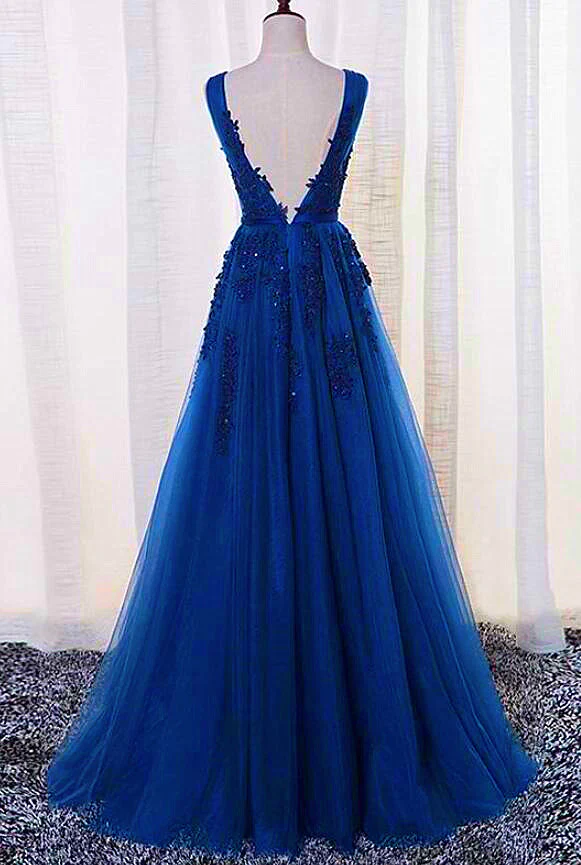 Elegantes langes Partykleid mit blauer Spitzenapplikation, blaues Ballkleid gh381