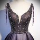 Charmante robe de soirée longue en tulle dégradé violet à décolleté en V, robe de bal trapèze gh244