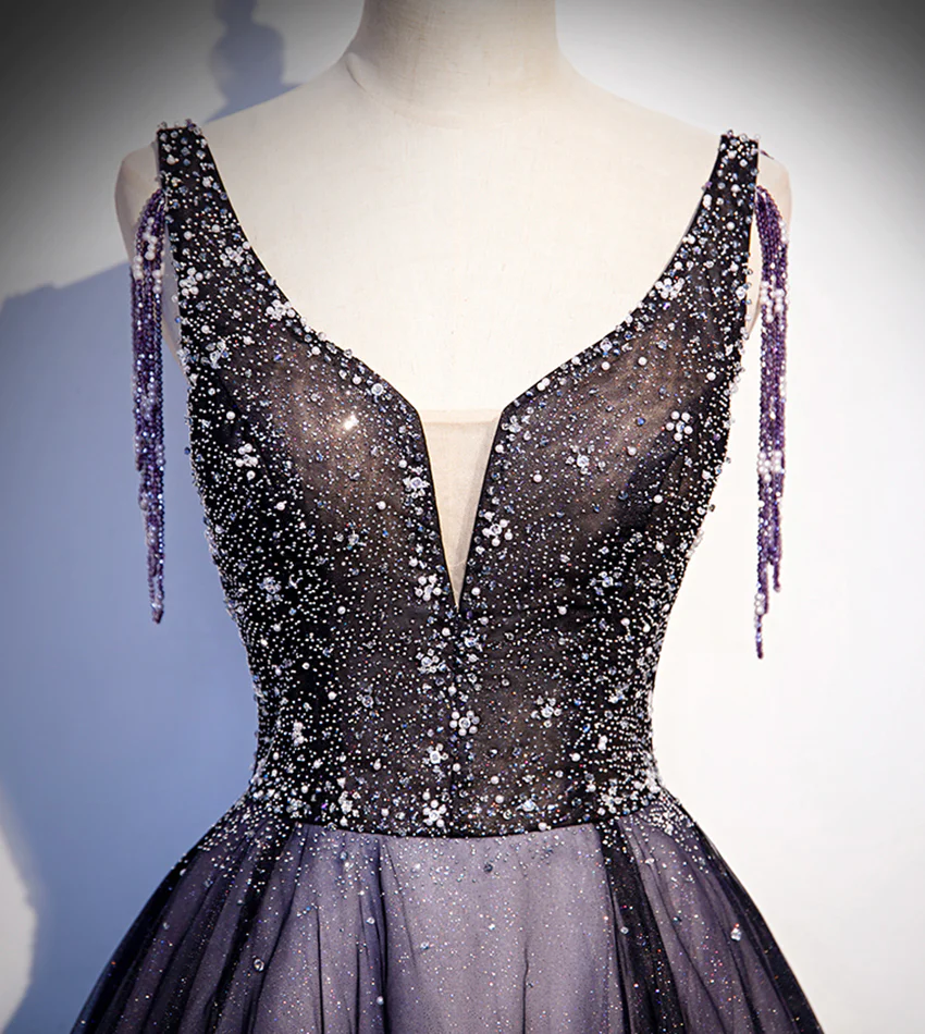 Charmante robe de soirée longue en tulle dégradé violet à décolleté en V, robe de bal trapèze gh244