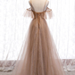 Champagner Tüll Schulterfrei A-Linie Ballkleid, Langes Abendkleid Partykleid gh26