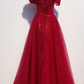 Beautiful Dark Red A-Line Off Shoulder Prom Gown, Wine Red Party Dress  gh402