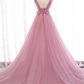 Charmante robe de soirée longue en tulle à bretelles et décolleté en V rose, robe de bal rose gh182
