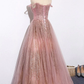 Einzigartige rosa Pailletten Tüll schulterfrei langes Abschlussballkleid in benutzerdefinierter Größe gh329