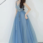 Charming Blue V-Neckline Tulle Party Dress With Staps, Long Prom Dress  gh373