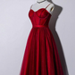 Schönes dunkelrotes Kleid mit Trägern in Teelänge für Hochzeiten, Heimkehrkleid gh296