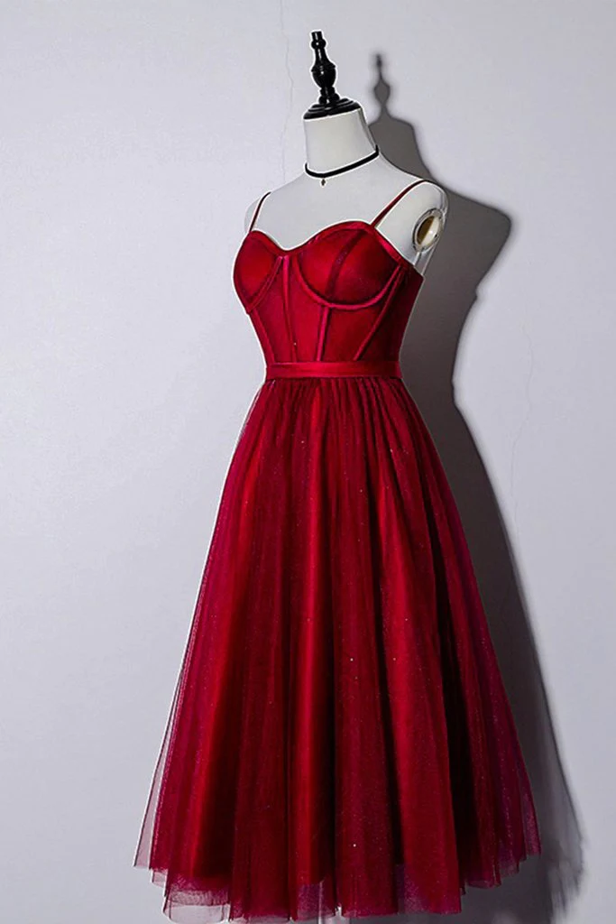 Schönes dunkelrotes Kleid mit Trägern in Teelänge für Hochzeiten, Heimkehrkleid gh296