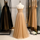 Champagner Pailletten Tüll Träger Langes Abendkleid Partykleid, Sweetheart Ballkleid gh25