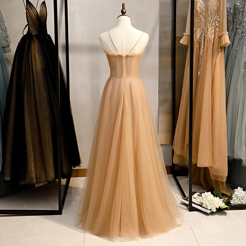 Champagner Pailletten Tüll Träger Langes Abendkleid Partykleid, Sweetheart Ballkleid gh25