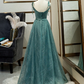 Robe de bal longue en tulle vert, nouvelle robe de soirée longue à bretelles et décolleté en V gh286