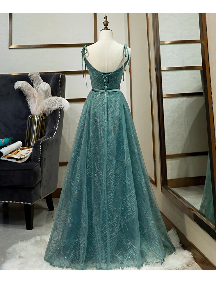 Robe de bal longue en tulle vert, nouvelle robe de soirée longue à bretelles et décolleté en V gh286
