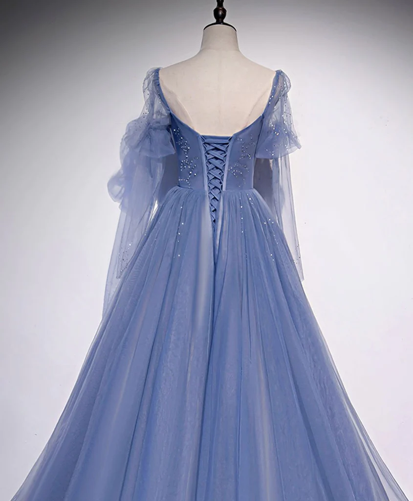 Blauer Tüll wulstiger Schatz einzigartiges langes Abschlussball-Kleid, blaues Abendkleid-formales Kleid gh103