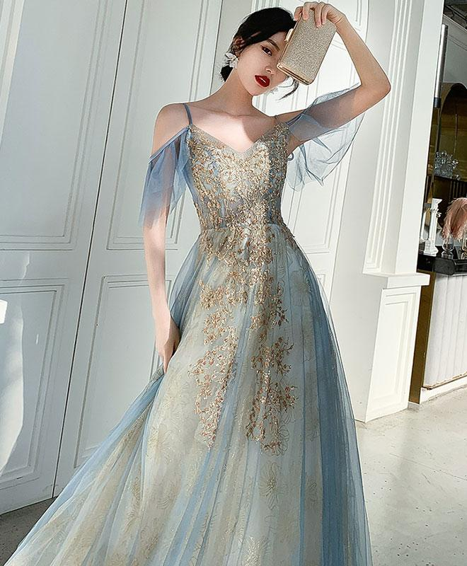 Charmante robe de bal longue en dentelle bleu clair à décolleté en V, robe de soirée formelle trapèze gh204