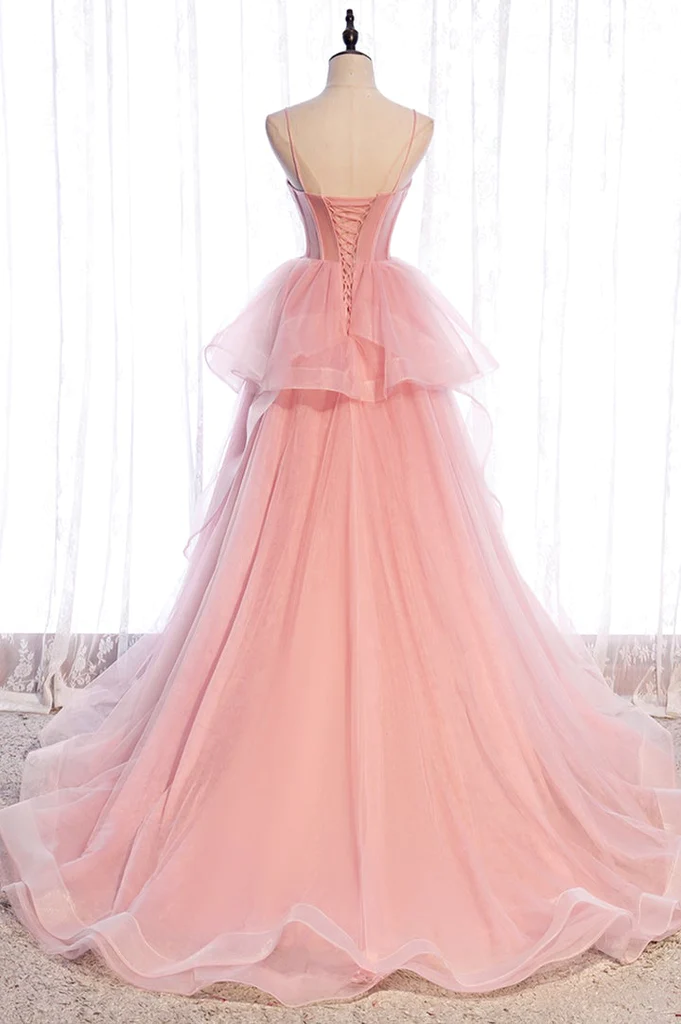 Pink Tulle Sweetheart Straps Long Formal Dresses, Pink Layers Party Dresses  gh29