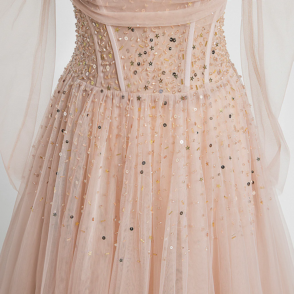 Pearl Pink Off Shoulder Long Sleeves Sequins Prom Dress, A-Line Party Dress Formal Dress  gh228