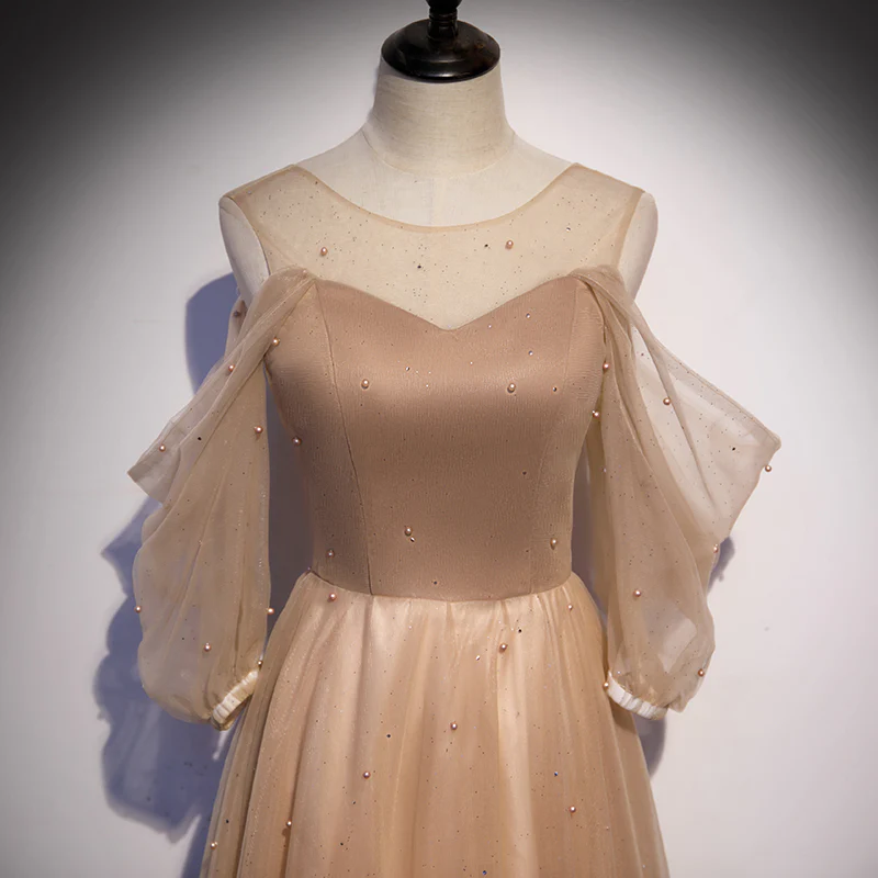Champagner Tüll Lange Puffärmel Partykleider, Schöne bodenlange Ballkleider gh31