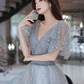 Lovely Grey Shiny Tulle V-Neckline Puffy Sleeves Long Prom Dresses, Grey Evening Dresses  gh24