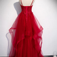 Rote Spitze Tüll mit geschichteten Trägern Modisches langes Partykleid, langes Abschlussballkleid gh277