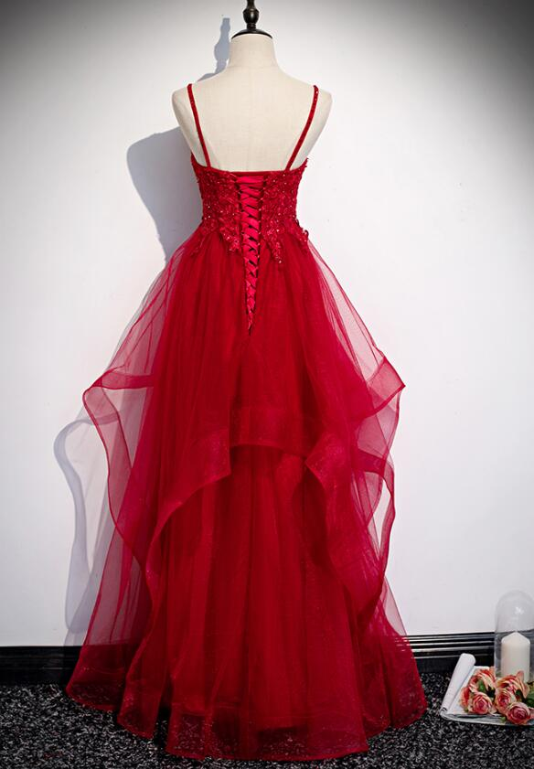 Rote Spitze Tüll mit geschichteten Trägern Modisches langes Partykleid, langes Abschlussballkleid gh277