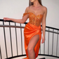 Orange Sweetheart One Shoulder Prom Dress Sequins Mermaid Long With Split gh653