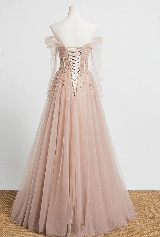 Pearl Pink Off Shoulder Long Sleeves Sequins Prom Dress, A-Line Party Dress Formal Dress  gh228