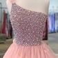 Gorgeous One Shoulder Beaded Pink Long Prom Dresses, Fluffy Pink Formal Evening Dresses, Beaded Ball Gown  gh920