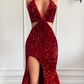 Burgundy backless sequined slit mermaid ball gown evening dress party dress gh791