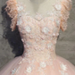 Pfirsichfarbenes, langes Ballkleid aus Tüll mit Blumen, Prinzessinnen-Ballkleid mit durchsichtigem Ausschnitt, Partykleid gh990