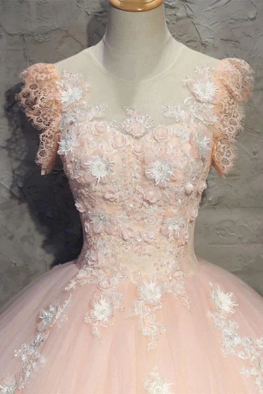 Pfirsichfarbenes, langes Ballkleid aus Tüll mit Blumen, Prinzessinnen-Ballkleid mit durchsichtigem Ausschnitt, Partykleid gh990