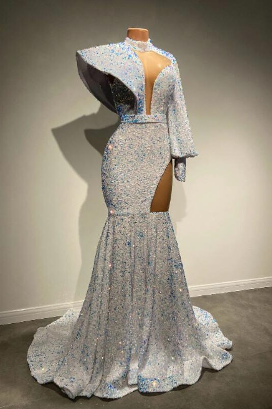 Hochgeschlossenes Meerjungfrau-Abschlussballkleid mit langen Ärmeln und Pailletten gh794