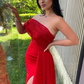 Red One Shoulder Sequins Strapless Split Mermaid Prom Dress With Lace Appliques gh776