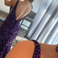 Lila V-Ausschnitt, langes Meerjungfrau-Abschlussballkleid mit Pailletten gh748