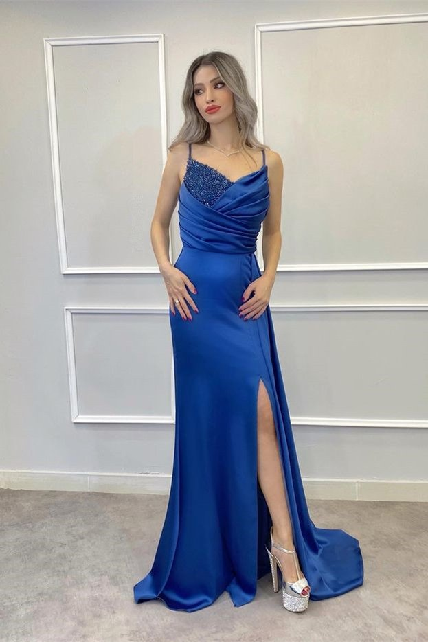 Spaghetti-Träger Perlenstickerei Langes Meerjungfrau-Abschlussballkleid Split mit Rüschen gh758
