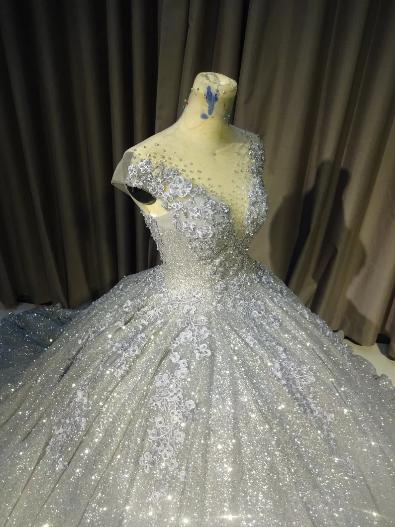 Silber wunderschöne glänzende elegante lange exquisite Pailletten Ballkleid Hochzeitskleid modernes Abendkleid benutzerdefinierte Kleid gh932