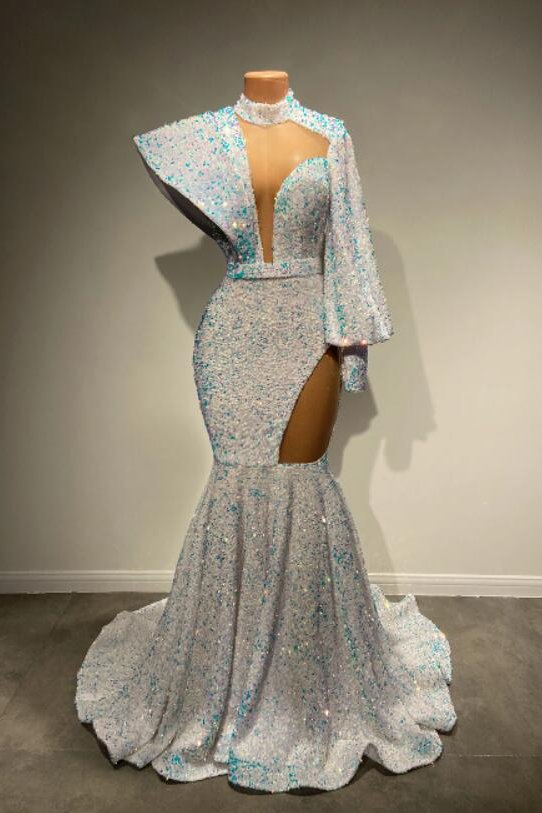 Hochgeschlossenes Meerjungfrau-Abschlussballkleid mit langen Ärmeln und Pailletten gh794
