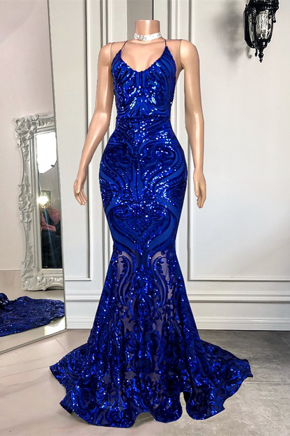 Spaghetti-Träger Königsblaues langes Meerjungfrau-Abschlussballkleid mit Pailletten | Ballbellas gh1795