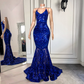 Spaghetti-Träger Königsblaues langes Meerjungfrau-Abschlussballkleid mit Pailletten | Ballbellas gh1795