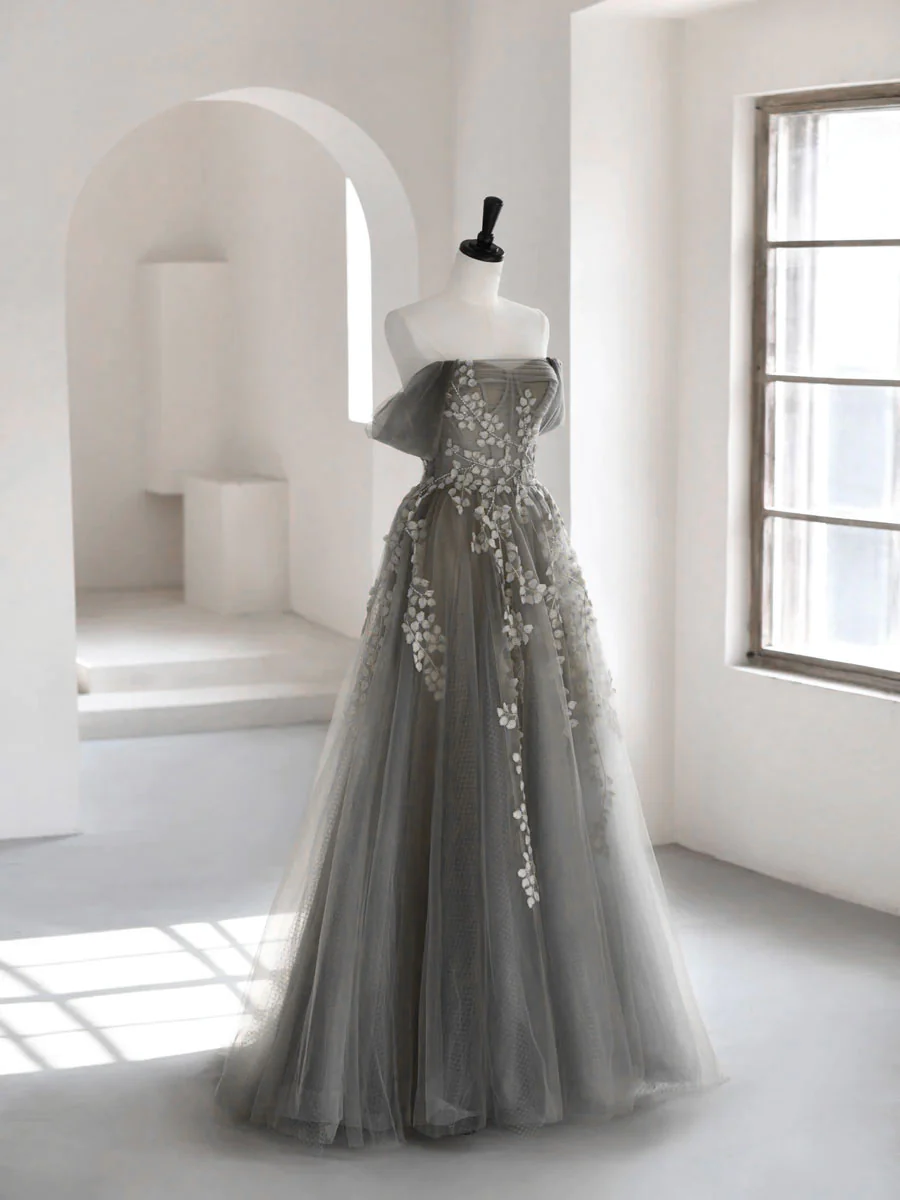 Gray Sweetheart Neck A line Lace Long Prom Dress, Gray Formal Dress gh2577