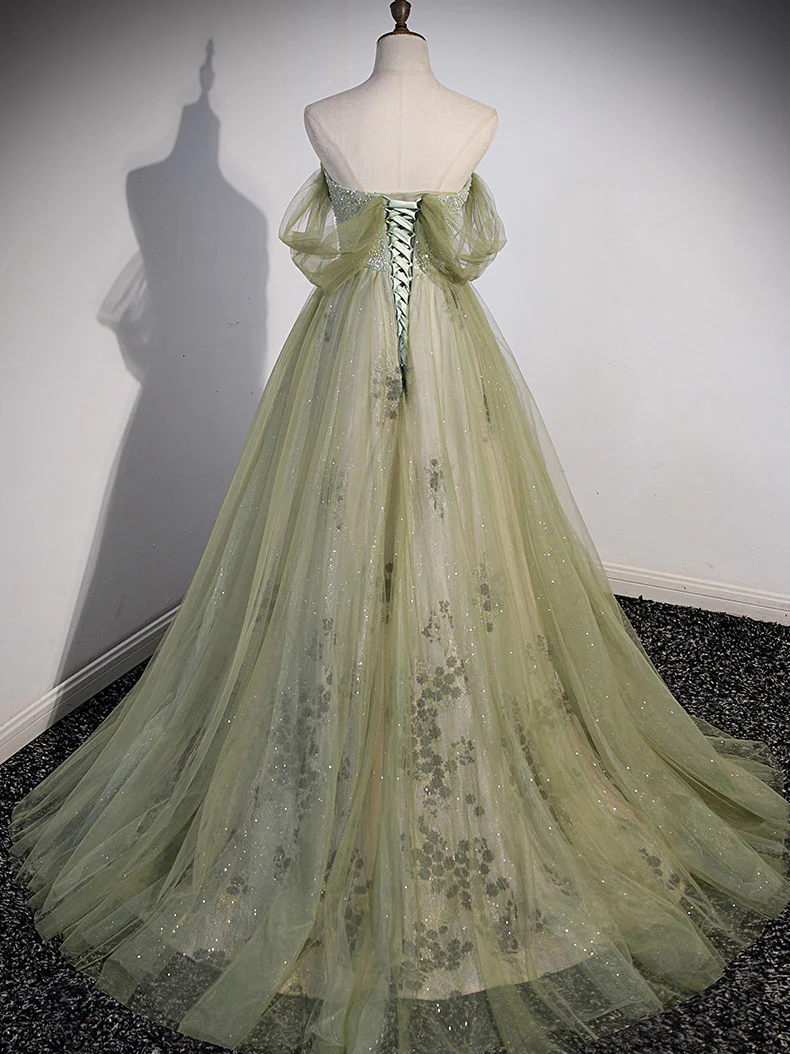 Aline Green Long Prom Dress, Green Tulle Formal Evening Dress gh2572
