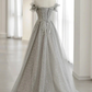 Gray Tulle Sequin Lace Off Shoulder Long Prom Dress, Gray Evening Dress gh2576
