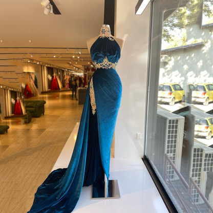 Samt Neckholder Meerjungfrau Abendkleid Weiche High Division Perlen Ballkleider Damen Partykleider gh2184