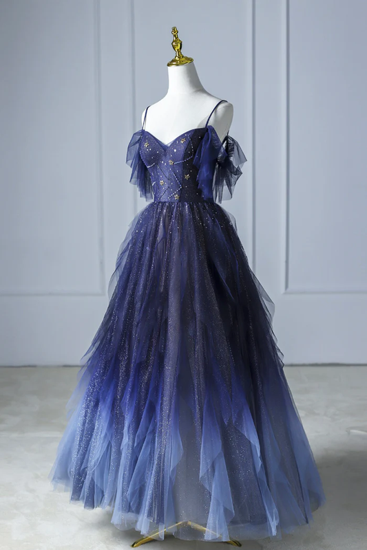 Blaues, wunderschönes, glänzendes Perlen-Spaghettiträger-Tüll-Abendkleid mit Farbverlauf und langen Ärmeln gh2580