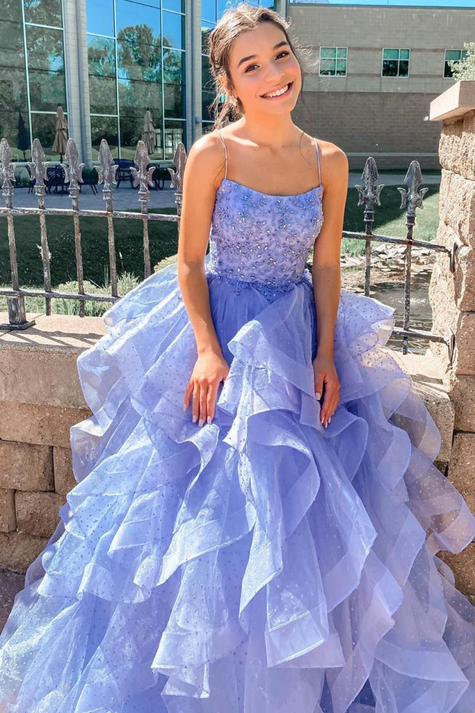 Abendkleider A-Linie Lavendel langes Ballkleid mit kaskadierenden Rüschen gh2245
