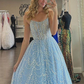 A-line blue long prom dress with spaghetti straps  gh2209