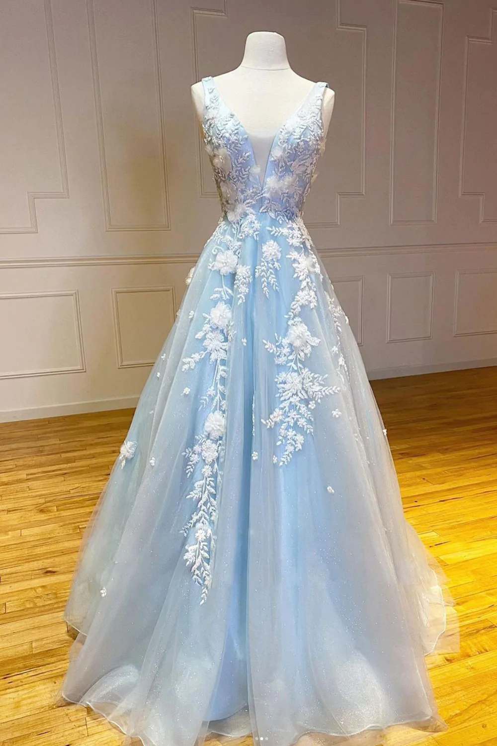 Blaues V-Ausschnitt-Applikations-Tüllspitze-langes elegantes Ballkleid-Abendkleid gh2306