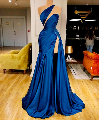 blaues Ballkleid, perlenbesetzte Ballkleider, One-Shoulder-Ballkleider gh1985