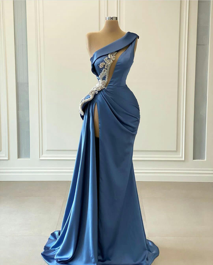 blaue Abschlussballkleider, Perlenabschlussballkleider, Abschlussballkleider mit Schlüsselloch, Abschlussballkleider aus Satin, Abschlussballkleider mit einer Schulter, gh2054